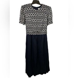 Miss Dorby Vintage 80s Black and White Embroidered Patterned Dress